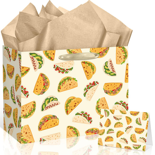Peconal Taco Gift Bag Taco Mexican Fiesta Gift Wrapping Paper Bag with Handle Greeting Card Tissue Paper Mexican Food Party Favors Bag for Boys Girls Birthday Taco Tuesday Party Supplies Decorations