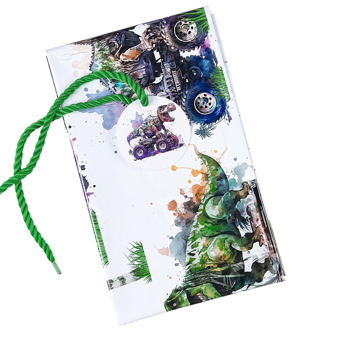 Loveinside Jumbo Large Plastic Gift Bag, Dinosaur with Tropical Monster Truck Design Design Plastic Bag with Tag and Tie for Boys' Birthday Party Gifts and Celebration - 56" x 36", 1 Pcs