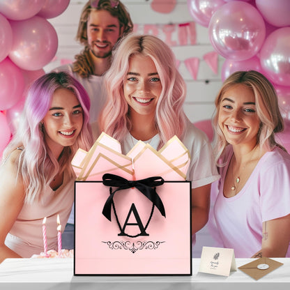 KeerxunBag Paper Personalized Gift Bags for Women Girls with Initial - Monogrammed Pink Paper Gift Bag with Ribbon Bow, Matching Tissue Paper, Card and Envelope Sticker (A, Medium)