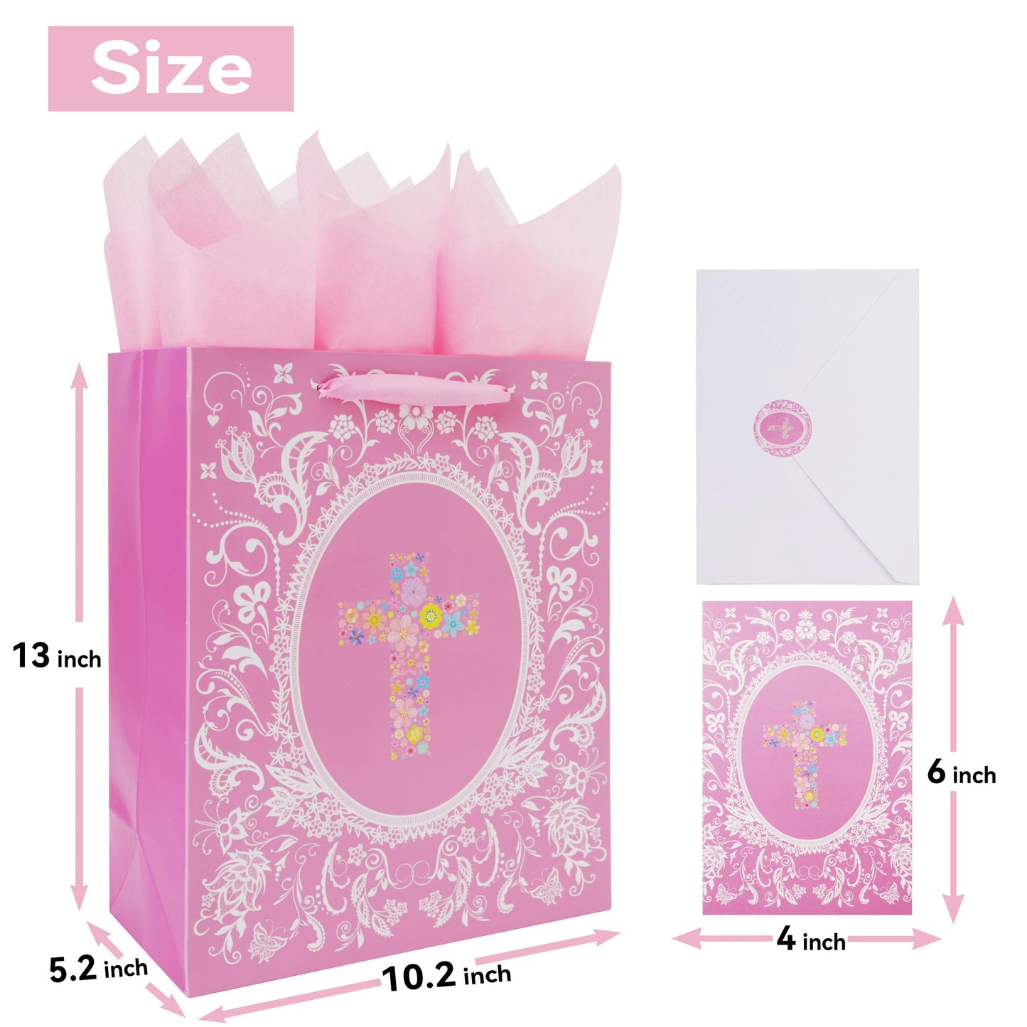 13'' Large Floral Religious Gift Bag Set with Handles, Greeting Card, Gold Tissue Papers and Stickers for Women Girls for Girls Women, for First Communions, Baby Girl Baptisms, Christenings, Religious Occasion, Clergy Day, Cross Design, 1 Pcs