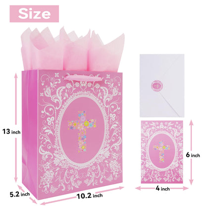 13'' Large Floral Religious Gift Bag Set with Handles, Greeting Card, Gold Tissue Papers and Stickers for Women Girls for Girls Women, for First Communions, Baby Girl Baptisms, Christenings, Religious Occasion, Clergy Day, Cross Design, 1 Pcs