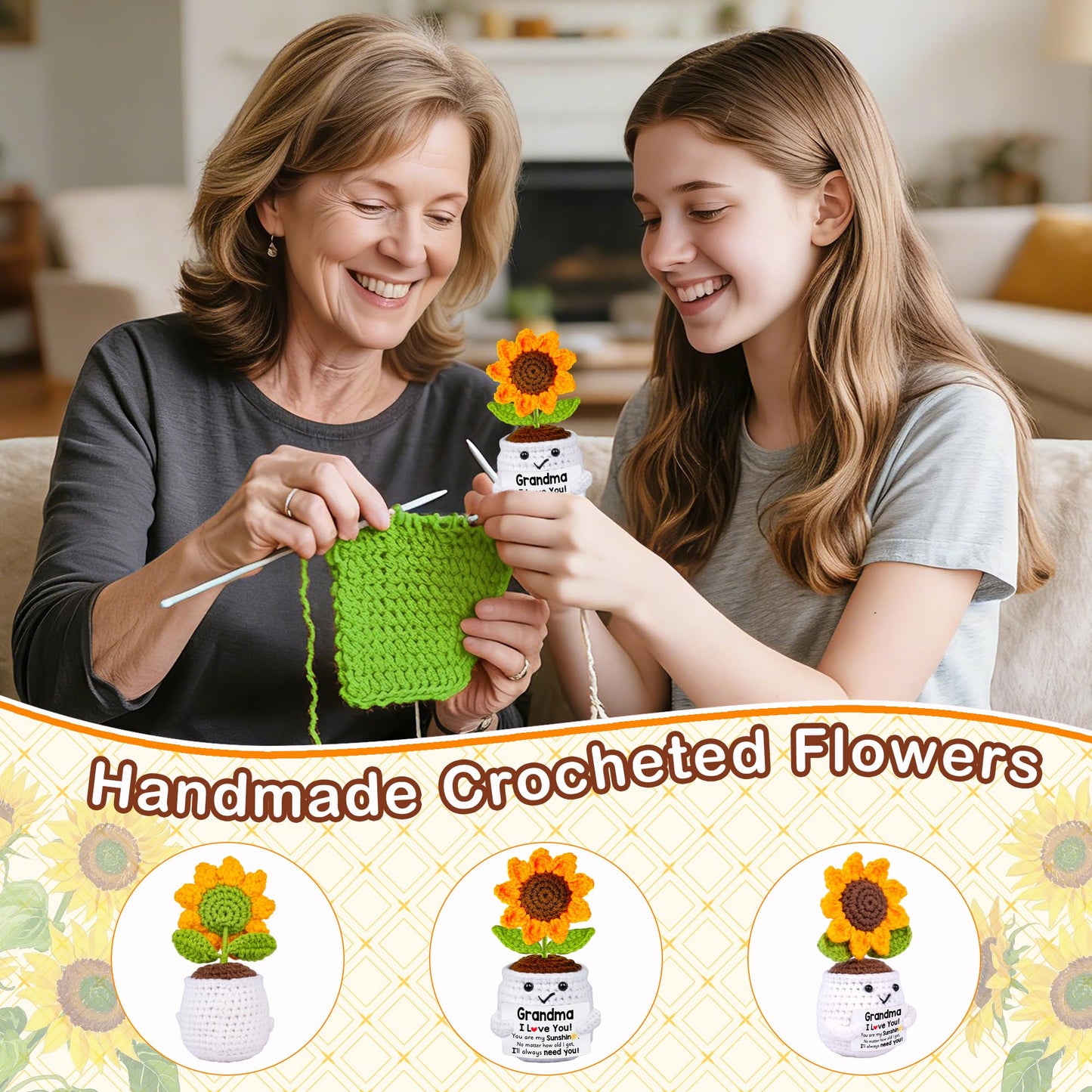 Qunland Mothers Day Birthday Gifts for Grandma, Grandma Gifts from Grandkids, Mother's Day Birthday Gift for Nana Grandmother GaGa, Handmade Crochet Mini Sunflower Pot Doll I Love You for Gigi