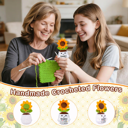 Qunland Mothers Day Birthday Gifts for Grandma, Grandma Gifts from Grandkids, Mother's Day Birthday Gift for Nana Grandmother GaGa, Handmade Crochet Mini Sunflower Pot Doll I Love You for Gigi