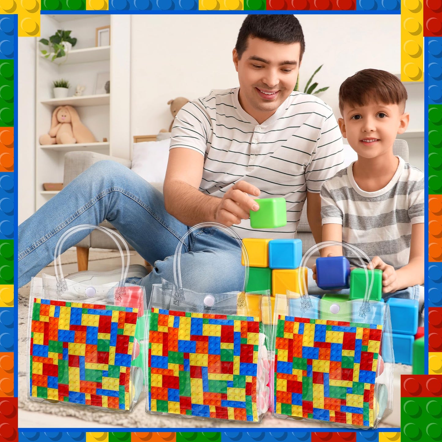 Teenyyou 24 Pcs Building Blocks Party Favors Bags Color Bricks PVC Clear Goodie Candy Treat Tote Gift Bags with Handles Building Blocks Theme Birthday Baby Shower Party Supplies