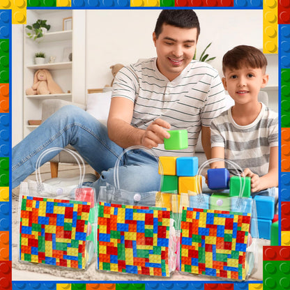 Teenyyou 24 Pcs Building Blocks Party Favors Bags Color Bricks PVC Clear Goodie Candy Treat Tote Gift Bags with Handles Building Blocks Theme Birthday Baby Shower Party Supplies