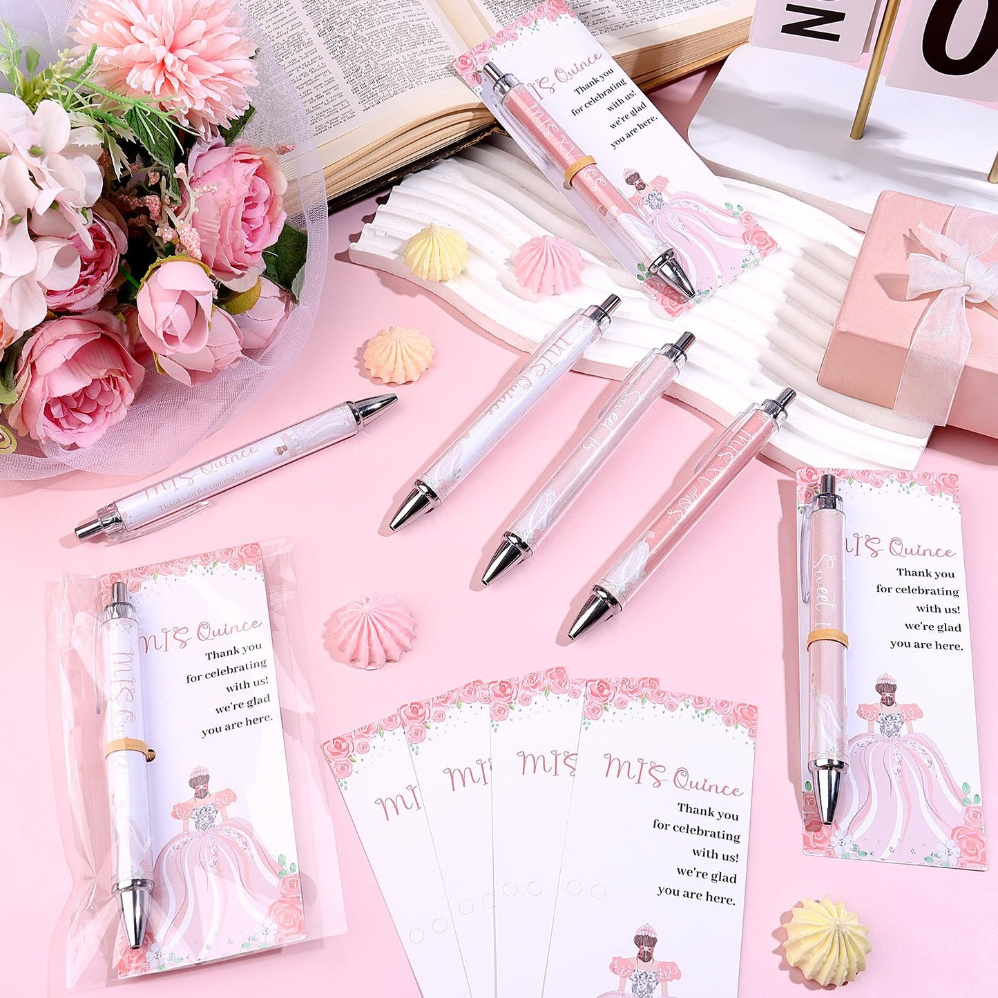 30 Set Quinceanera Party Favors Include Sweet 15 Ballpoint Pens Thank You Cards Gift Bags Quinceañera Gifts Black Ink Pen Thank You Gifts for 15th Birthday Party Mis Quince Guests Souvenir