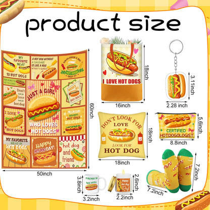 Buryeah 9 Pcs Hot Dog Present for Women Mothers Day Hot Dog Set Gifts Include 60 x 50'' Blanket Mug Makeup Bag Tote Bag Pillowcase Socks Keychain Candle Greeting Card Present for Friends