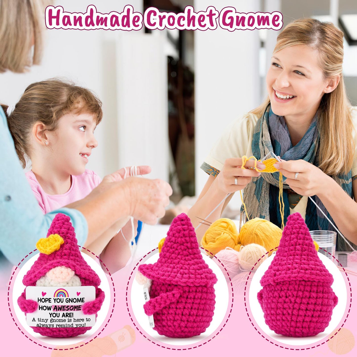 Inspirational Gifts for Women Girls - Funny Crochet Gnome Birthday Gift for Her College Friends Coworker Teen Girls Teacher, Stress Relief Cheer Motivational Positive Support Presents