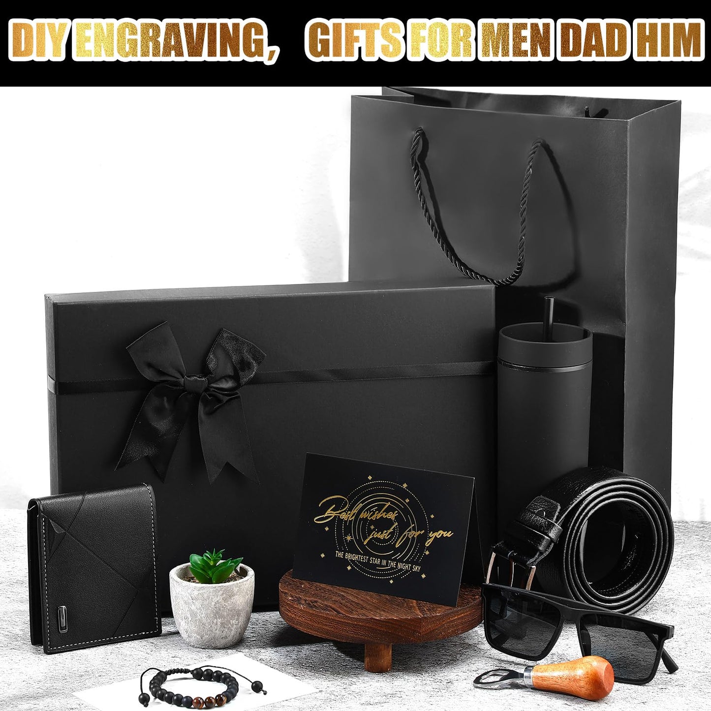 Skylety 13 Pcs Birthdays Gifts Baskets for Men Father Gift for Men Birthdays Gift Box 16 oz Tumblers Wallet Toiletry Bag Sock Bottle Opener Belt Bracelet Glasses Pen for Father's Day Dad Husband