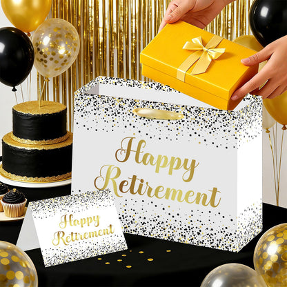 Woosytoo Retirement Gift Bag for Men Women, White Gold Happy Retirement Gift Bag with Card and Tissue Paper for Office Coworker Going Away Farewell Party Gifts Wrapping Supplies