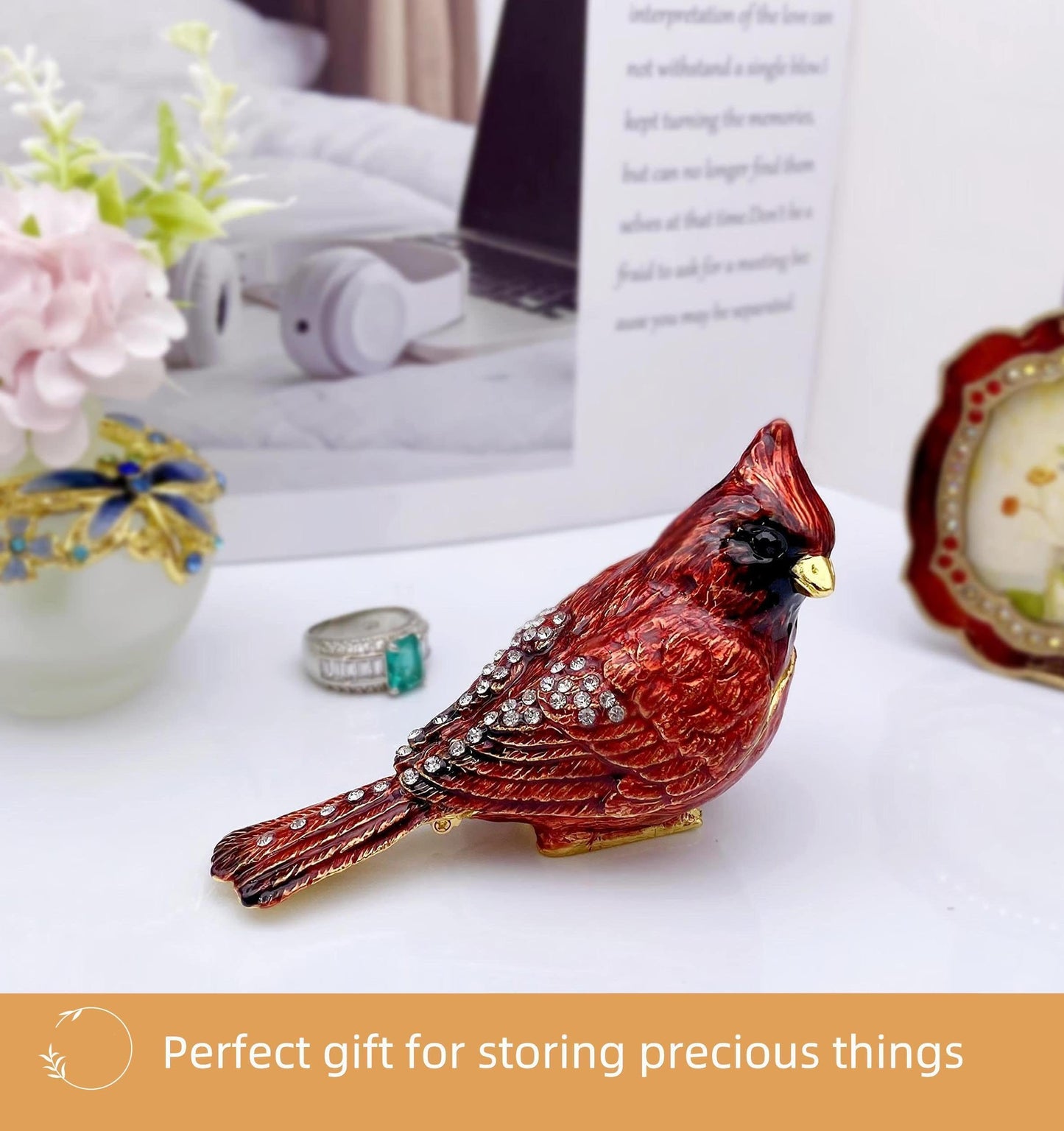Luxury Red Cardinal Bird Gifts Jewelry Trinket Boxes Hinged.Decorative Keepsake Ring Box.Necklace Rings Earrings Organizer.Bird Figurines Accents Home Decor Gifts for Women.