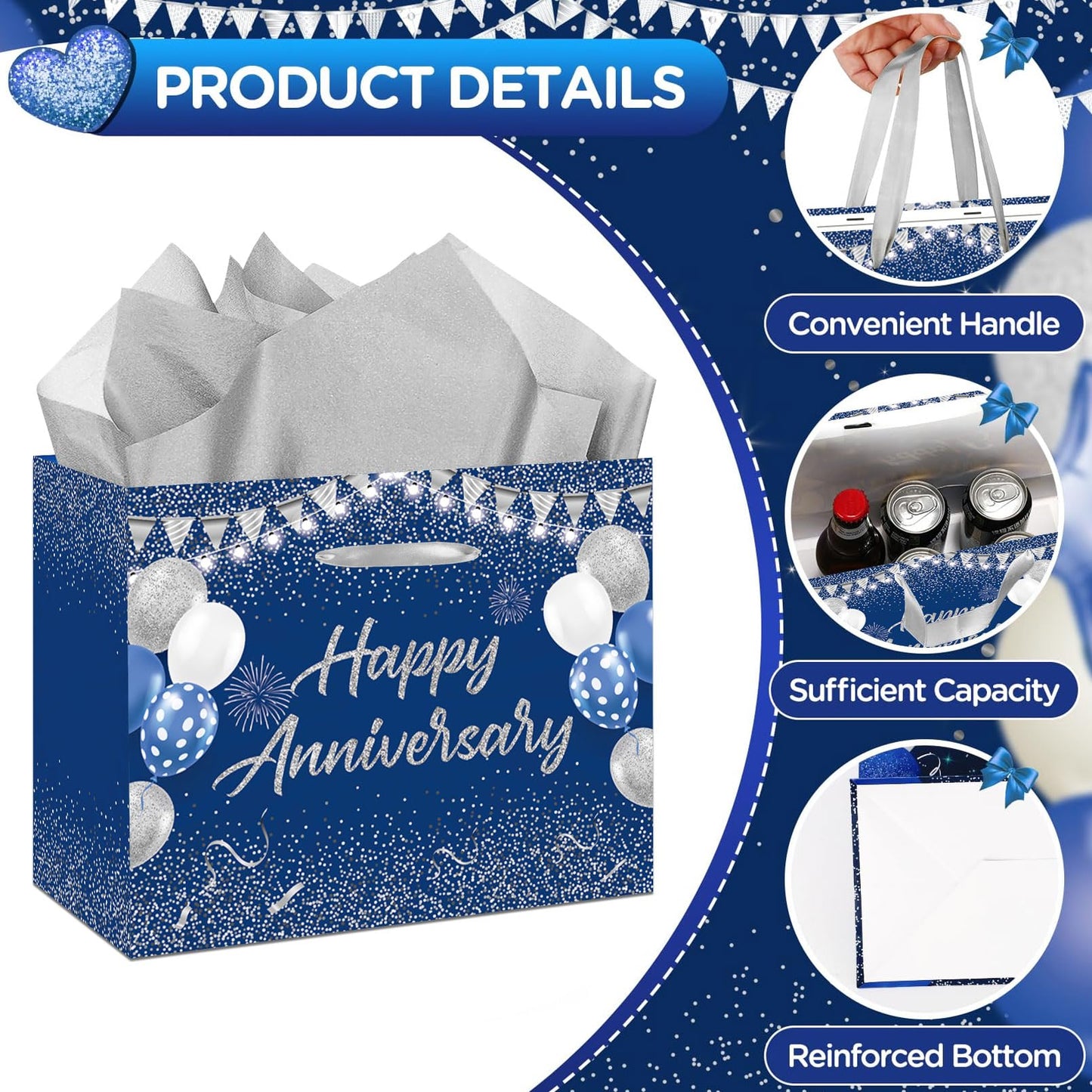 Blue Silver Party Gift Bag with Tissue Papers and Card, Wedding Paper Gift Wrapping Paper Bag11.8'' for Men Women Anniversary Party, Wedding Party Supplies
