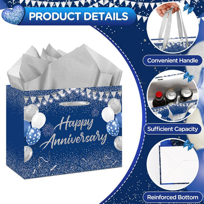 Blue Silver Party Gift Bag with Tissue Papers and Card, Wedding Paper Gift Wrapping Paper Bag11.8'' for Men Women Anniversary Party, Wedding Party Supplies