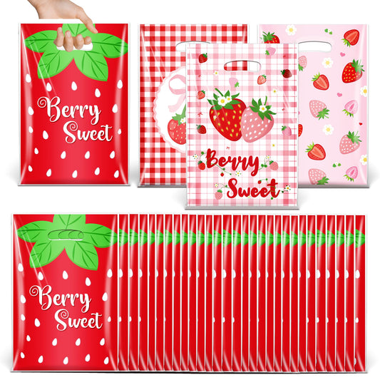 40Pcs Strawberry Goodie Bags,9.8x6.6Inch Red Plastic Strawberry Candy Party Favor Bags with Handles,Pink Bow Berry Sweet Gift Bags for Birthday,Baby Shower,Summer Themed Party Wedding Decor Supplies(40)