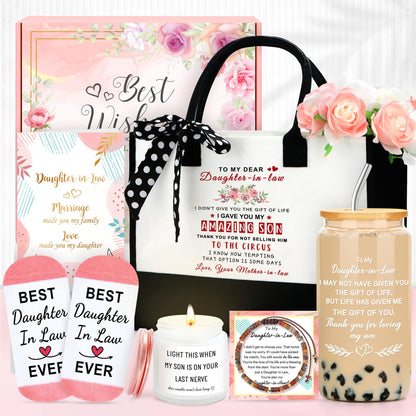 Saineron Daughter in Law Gifts from Mother in Law Future Daughter-in-Law Birthday Gifts Thoughtful Wedding Day, Anniversary, Happy Birthday Gift Includes Canvas Tote Bag, 16oz Glass Cup