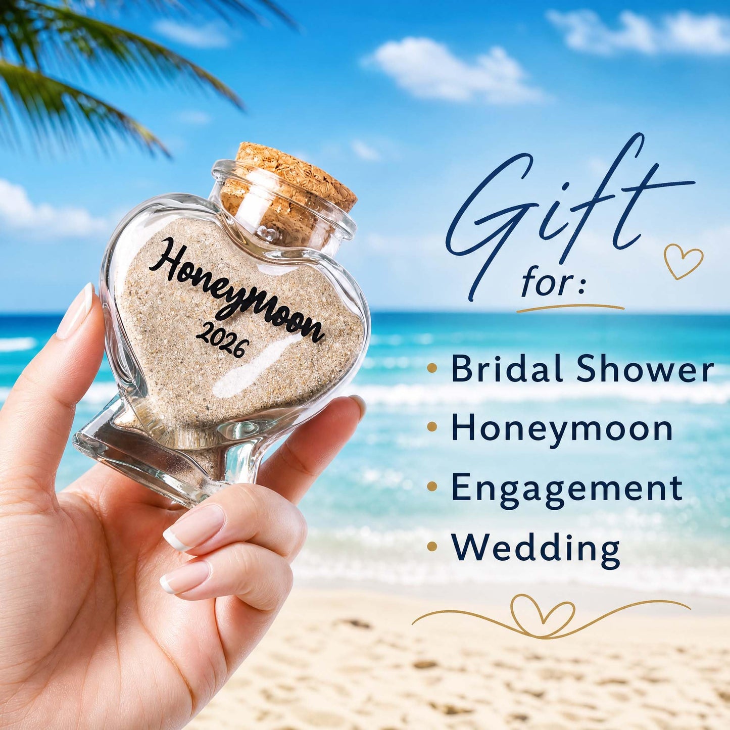Honeymoon Sand Keepsake Jar 2026，Bridal Shower, Wedding, Engagement, Honeymoon, Travel for Couples, Newlywed, Fiance(Gift Box Includes) - 40ml Heart Shape Glass