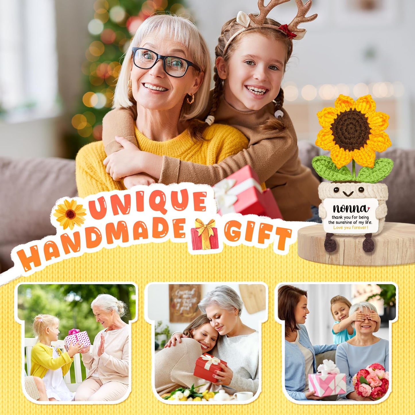 AceThrills Nonna Gifts, Nonna Birthday Gifts - Handmade Crochet Funny Cute Sunflower, Gifts for Nonna from Grandchildren, Present for Nonna on Birthday Christmas Mother's Day