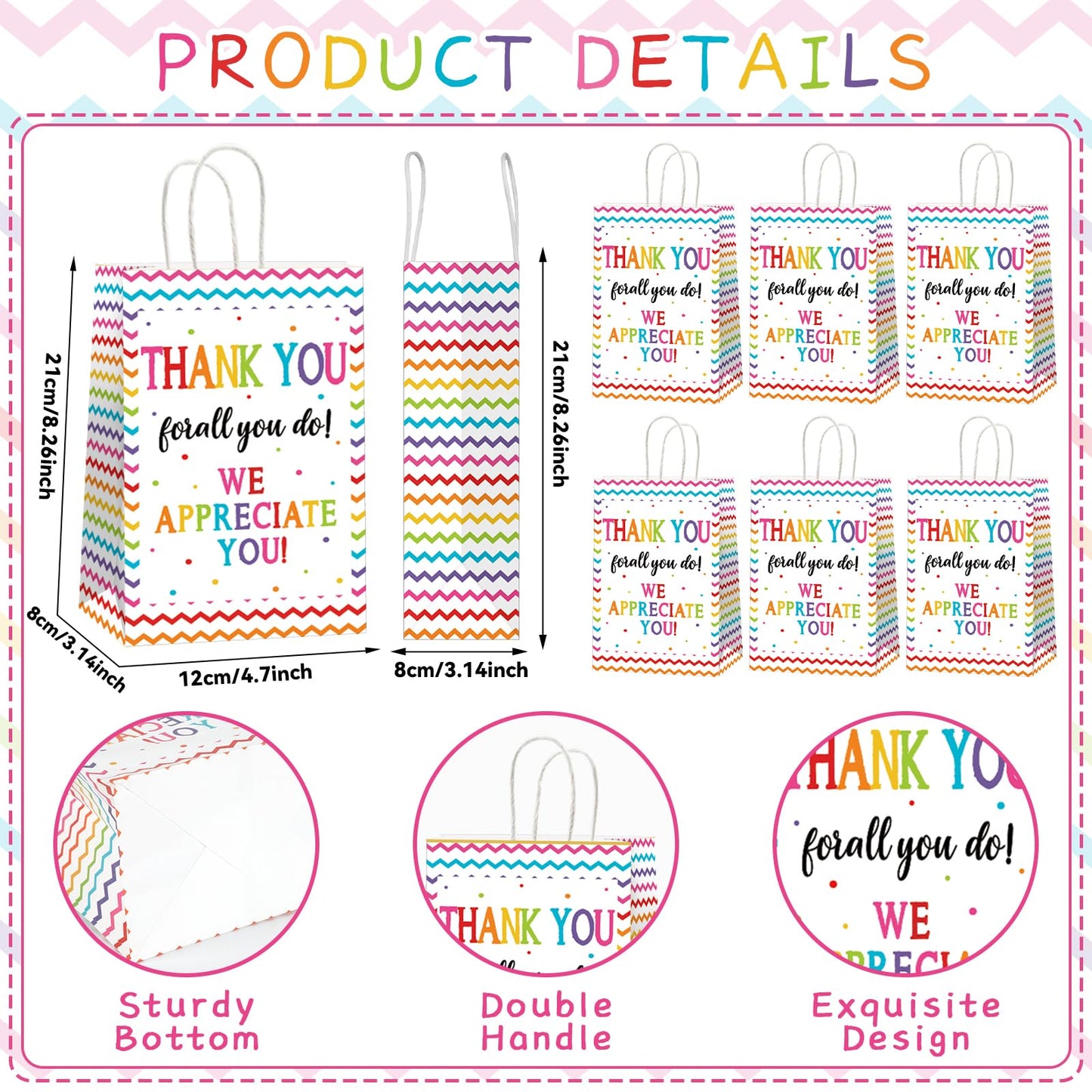 CHUNNIN 12 Pcs We Appreciate You Paper Gift Bags Thank You for All You Do Goodie Bag Be Thankful to Teacher Doctor Staff Treat Bag Decoration for Thank You Party Favors Supplies 8.26 x 4.7 x 3.14inch
