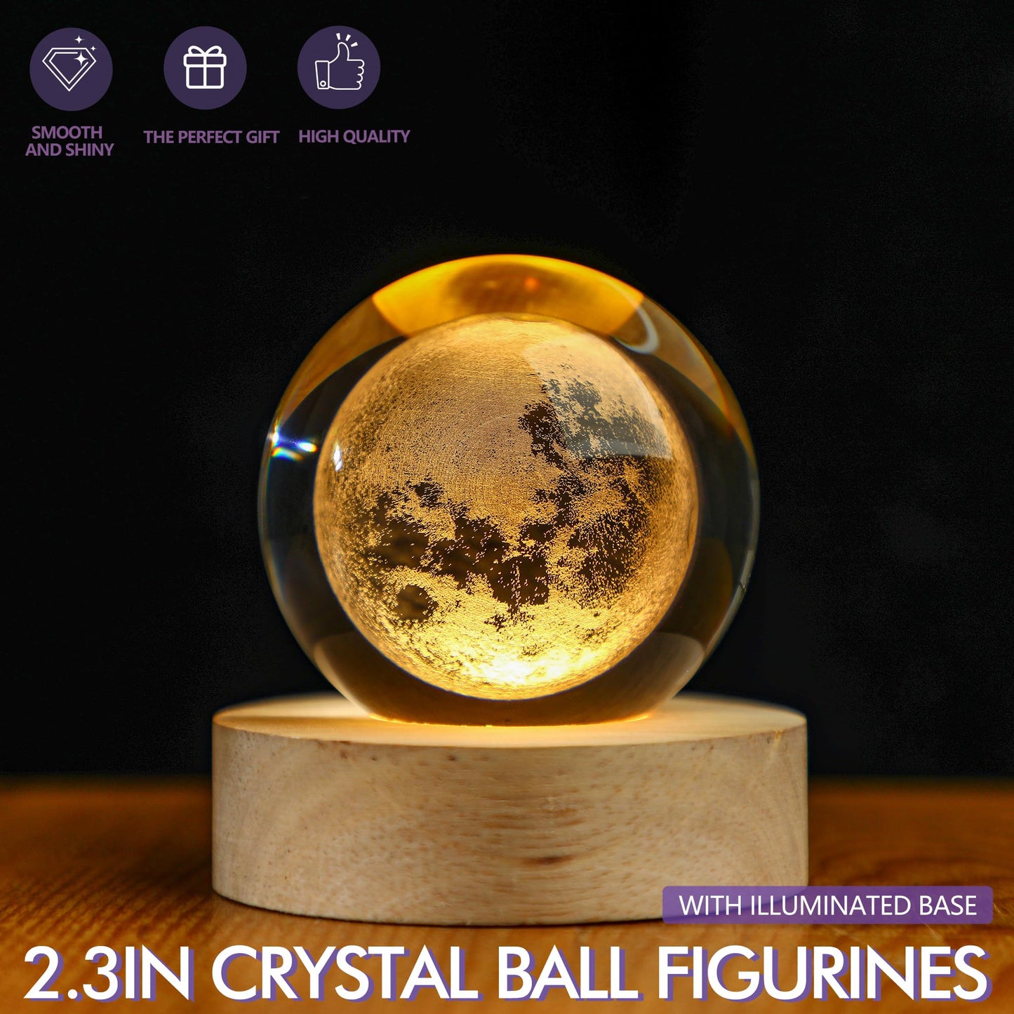 Crystal Moon Crystal Ball with Light Base Night Light 2.3Inches Glass Moon Globe Home Decor Birthday Gift for Women, Friends, Family