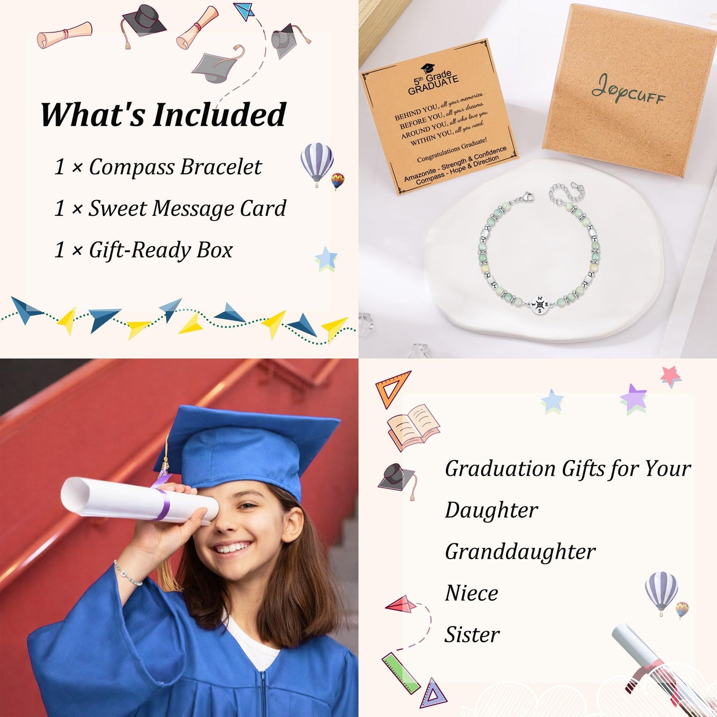 JoycuFF Graduation Gifts for Her Class of 2026 College High School 5th 8th Grade Preschool College Middle School Teen Girls Graduation Gifts The Adventure Begins Compass Bracelets for Women