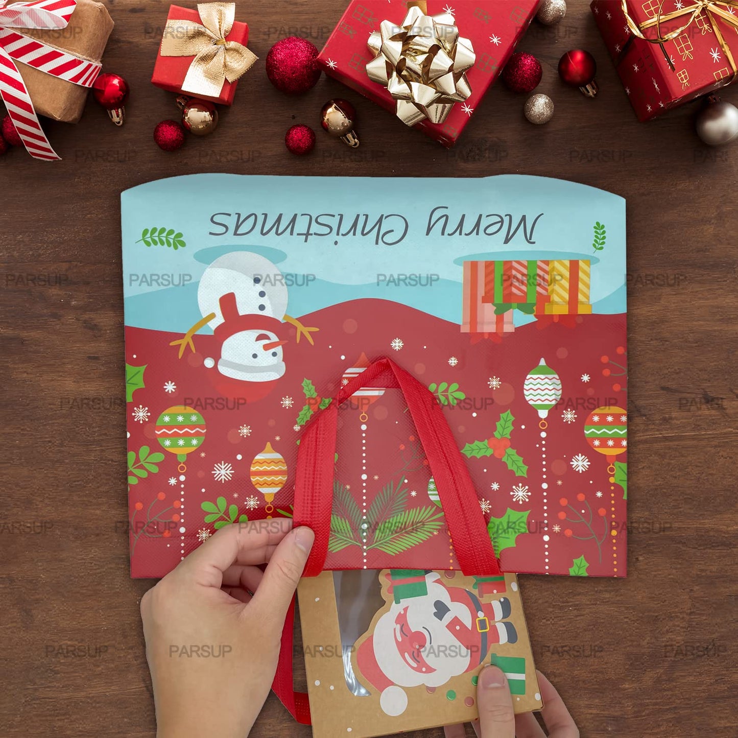 PARSUP 8PCS Christmas Gift Bags, Non-Woven Christmas Bags with Handles, Treat Tote for Gifts Wrapping Shopping, Xmas Party Supplies