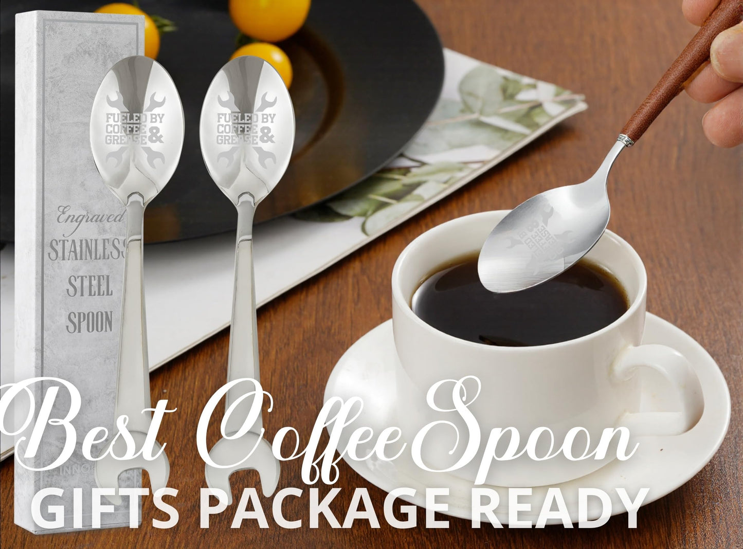 INNObeta Mechanic Gifts for Men, 2 Pcs Engraved Ice Cream Mechanic Spoons, Stainless Steel Coffee Spoon