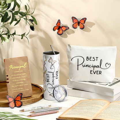 Domensi 6 Pcs End of The Year Gifts for Principal Thank You Gift 20oz Rustic Butterfly Marble Sign Tumbler Makeup Bag Journal for Assistant Principal School Office Birthday Retirement (White)