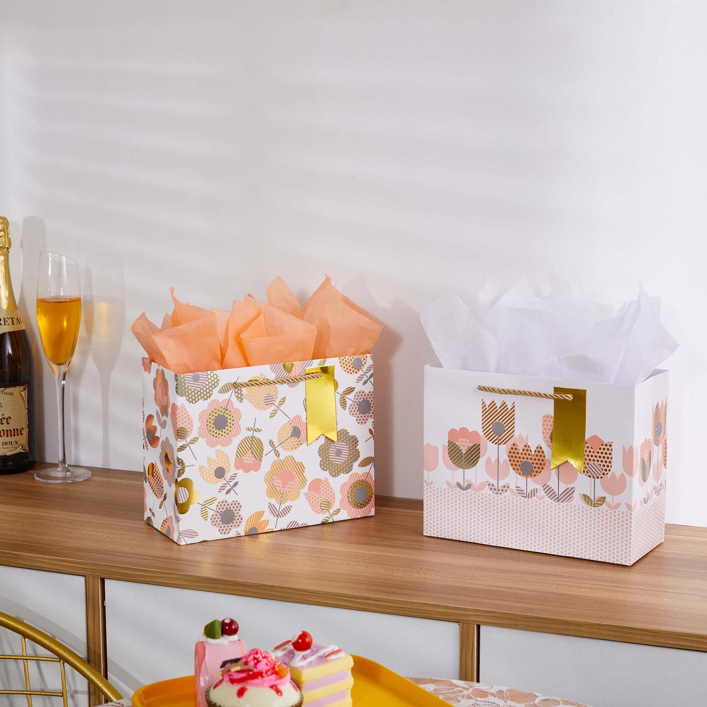 SUNCOLOR 2-Pack 9 Inch Flower Gift Bags with Tissue Paper, Floral Gift Bags for Mother's Day Birthday Bridal Shower Easter