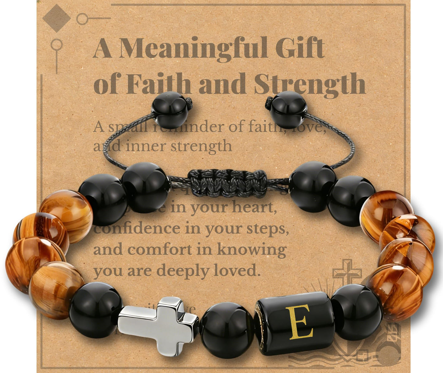 Initial Mens Bracelet with Cross - Religious Faith Beaded Bracelt Gift for Him Man Male Friend, Adjustable Tiger Eye Black Onyx Beads Braclet for Birthday Confirmation Sponsor Anniversary