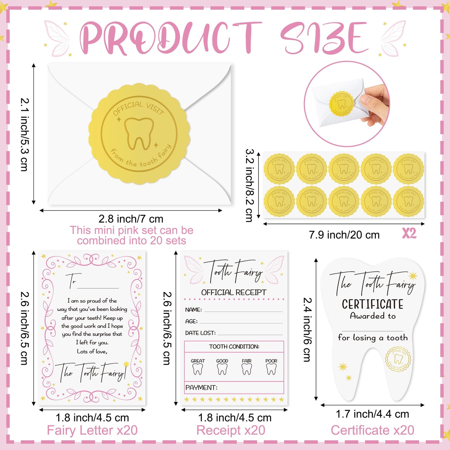 Mini Tooth Receipt Set - 20 Set Pink Tooth Cards with Envelope and Fairy Letter for Kids, Lost Teeth Certificate Keepsake Postmark Gift Bag with Seal Stickers for Girls Boys Home School Award