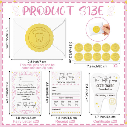 Mini Tooth Receipt Set - 20 Set Pink Tooth Cards with Envelope and Fairy Letter for Kids, Lost Teeth Certificate Keepsake Postmark Gift Bag with Seal Stickers for Girls Boys Home School Award