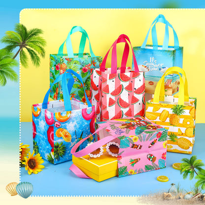Hillban 60 Pcs 8 x 8 x 6 Inch Summer Party Favor Bags Fruit Gift Treat Bags Hawaii Aloha Goodie Totes Summer Beach Pineapple Watermelon Non Woven Totes with Handles for Party Supplies