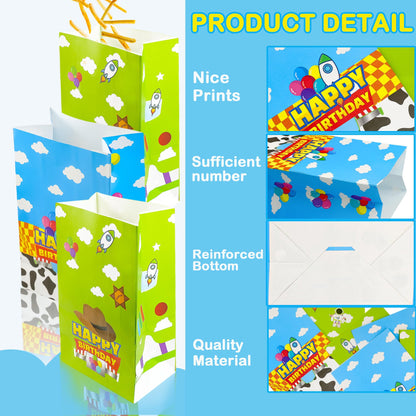 CHENRINDECO 32Pcs Cartoon Story Theme Gift Paper Bags with Stickers, Blue Sky White Clouds Small Rocket Party Candy Bags, Suitable for Cartoon Party Supplies