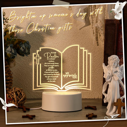 Kosiz 1 Pcs Pastor Appreciation Gifts LED Night Light Fathers Day Pastors Gift for Men Women Acrylic Clergy Lamp with Base Bible Verse for Father Church Christian Birthday Anniversary Graduation