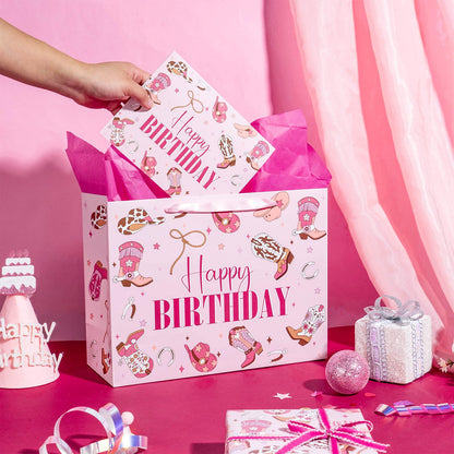 LeZakaa 13" Western Birthday Gift Bag for Kids Girls, Happy Birthday Cowgirl Hats Boots Lassos Horseshoes Stars Design, Tissue Paper, Greeting Card, 13" x 10" x 5", 1 Pcs