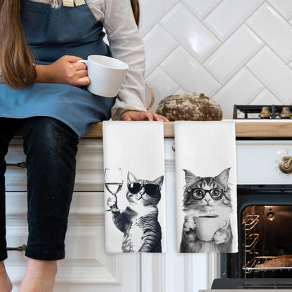 Funny Cat Kitchen Towels Set of 2, Funny Kitchen Decor, Coffee Station Wine Bar Decor, Black and White Cat Owner Gift Hand Towel, Dining Room Decorative Tea Towel Dish Towels 16x24 Inch