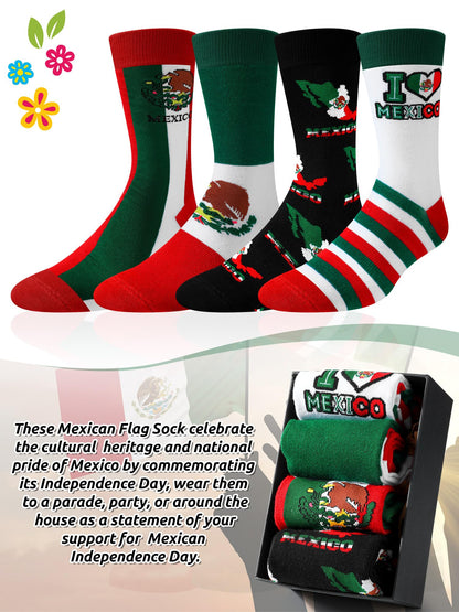 Cutecrop 4 Pairs Mexican Flag Crew Socks Novelty Mexican Gifts and Souvenirs Funny Dress Socks for Men Women