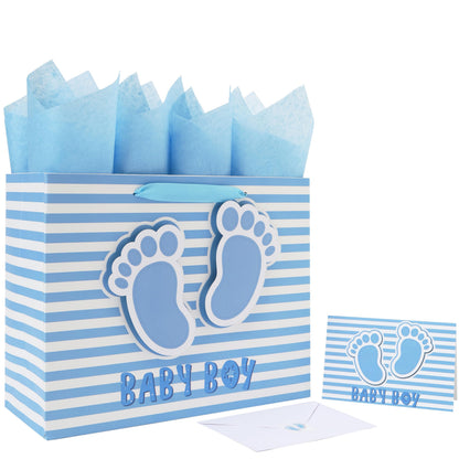 13” Large Baby Boy Gift Bag Set with Handles, Greeting Card, Blue Tissue Papers and Stickers for Boys Kids for Baby Shower, Boys' Birthday Party, Newborn, New Moms, Little One, 1st Baby, 3D Footprints Design, 1 Pcs