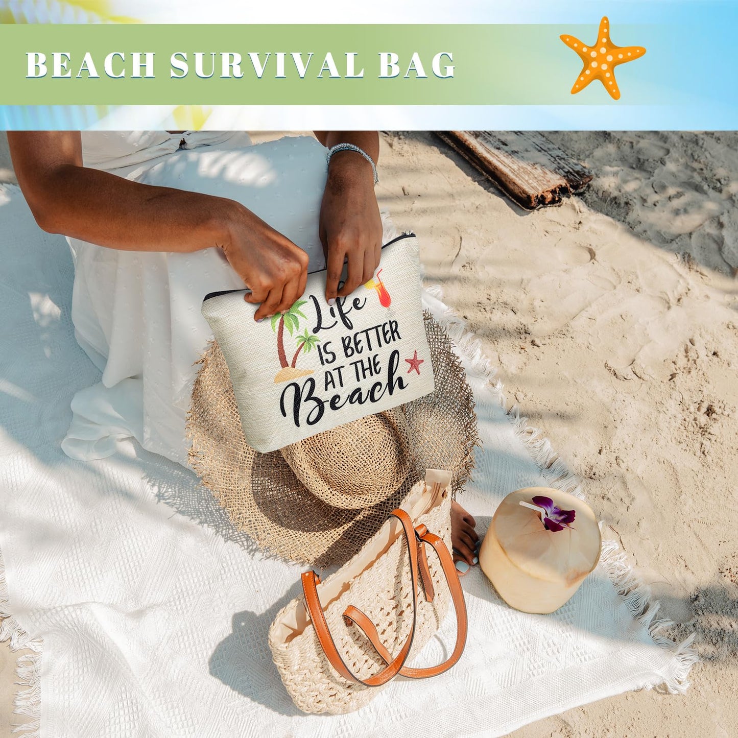 CHENGU 6 Pcs Beach Makeup Bag Summer Beach Essentials Kit Survival Kit Bag Inspirational Gifts for Women, Various Themes Makeup Pouches for Women Birthday Friend Teacher Graduation