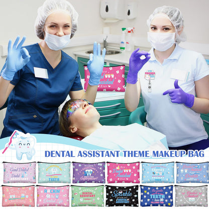24 Pcs Dental Assistant Appreciation Gifts Bulk 12 Makeup Bag 12 Retractable Badge Reels Toothbrush Tooth Medical Gift for Dentist Hygienist Student Assistant