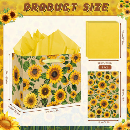 Large Sunflower Gift Bag with Tissue Paper and Greeting Card Yellow Sunflower Party Favor Bags Decorations Floral Sunflower Treat Candy Paper Bag Sunflower Wrapping Paper for Wedding Birthday Gift