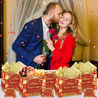 Red Anniversary Party Gift Bag with Tissue Papers and Card, 11.8'' Red Gold Wedding Anniversary Paper Gift Wrapping Bag for Women Men Wedding Party Supplies Gift Bag
