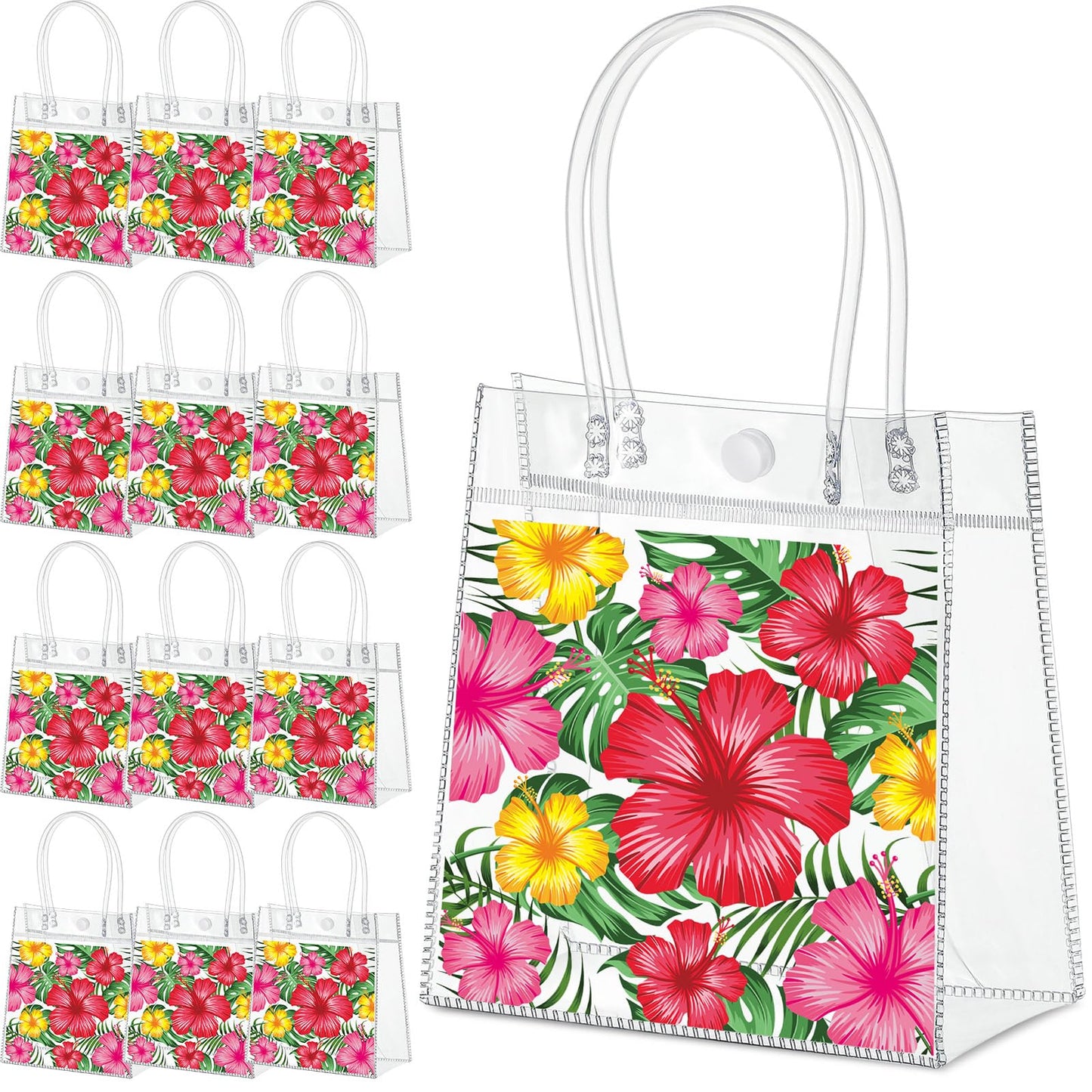 Kolldenn 12 Pcs Hawaiian Day Clear Gift Bags Hibiscus Luau Gift Bags with Handle Floral Tote Goodie Handbags for Summer Beach Pool Birthday Bridal Shower Party Favors, 6.31 x 5.91 x 3.15 Inch