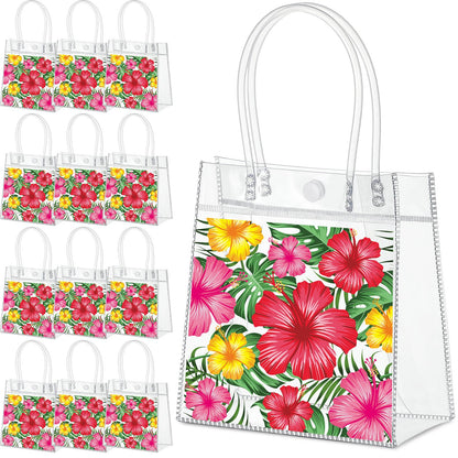 Kolldenn 12 Pcs Hawaiian Day Clear Gift Bags Hibiscus Luau Gift Bags with Handle Floral Tote Goodie Handbags for Summer Beach Pool Birthday Bridal Shower Party Favors, 6.31 x 5.91 x 3.15 Inch
