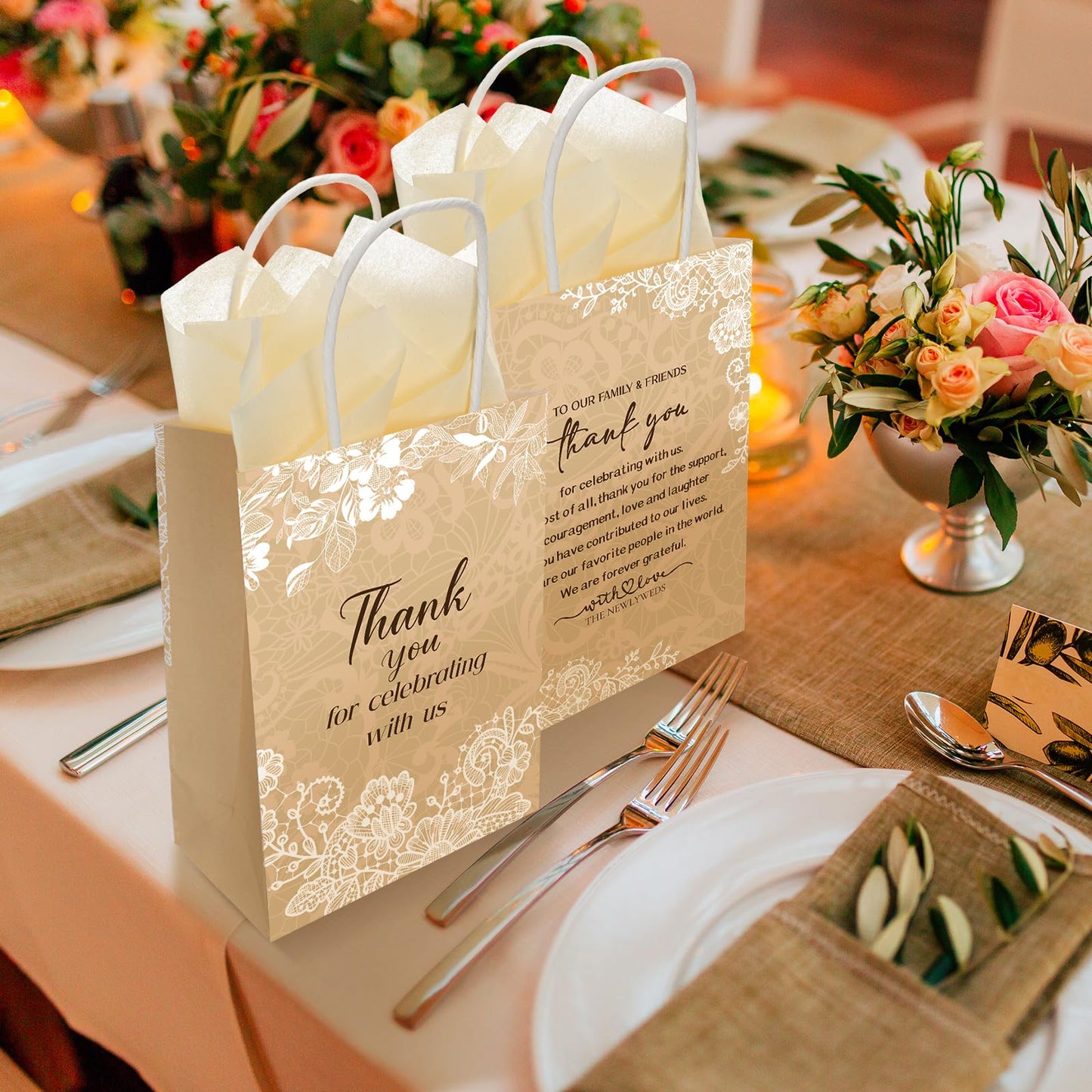 Fuutreo 100 Set Wedding Gift Bags with Tissue Paper Wedding Welcome Favor Paper Bags for Guests with Handles Thank You Bridal Shower Hotel 21 * 8 * 15cm(Vintage Lace)