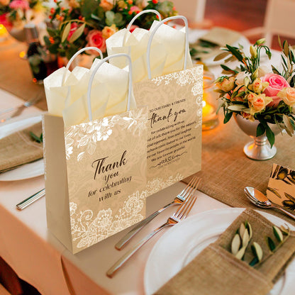 Fuutreo 100 Set Wedding Gift Bags with Tissue Paper Wedding Welcome Favor Paper Bags for Guests with Handles Thank You Bridal Shower Hotel 21 * 8 * 15cm(Vintage Lace)