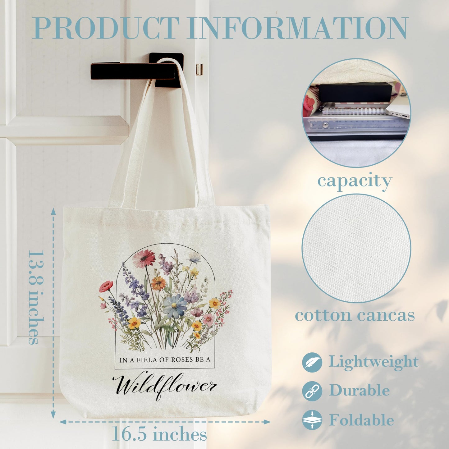 Floral Tote Bag, Spring Canvas Bag For Women, Wildflower, 16.55" x 13.7", Reusable Grocery Shoulder Bag, Gift For Women, Adults