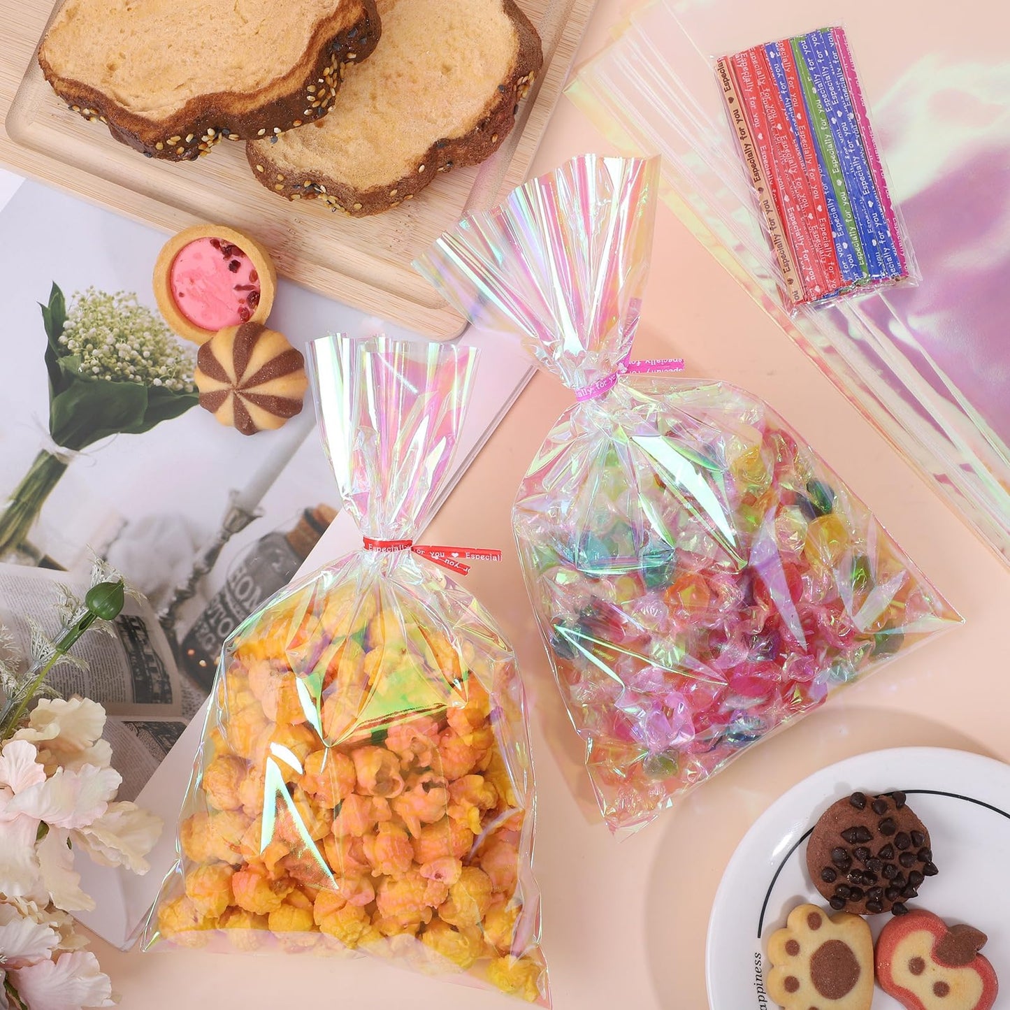 woric 150 PCS Iridescent Cellophane Treat Bags with Ties 6x9 Inch Clear Party Favor Bags Holographic Goodie Bag for Candy Baby Showers Mother's Day Weddings Birthday Party Favors