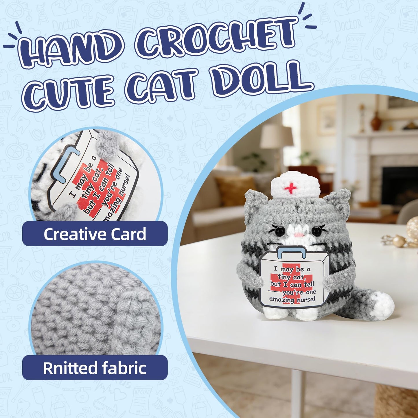 Funny Nurse Week Gifts for Women - 2026 Positive Crochet Cat with Nurse Badge Reel - Animals Emotional Appreciation Gifts for RN Registered Practitioner, LPN, Nursing School Graduation, Christmas