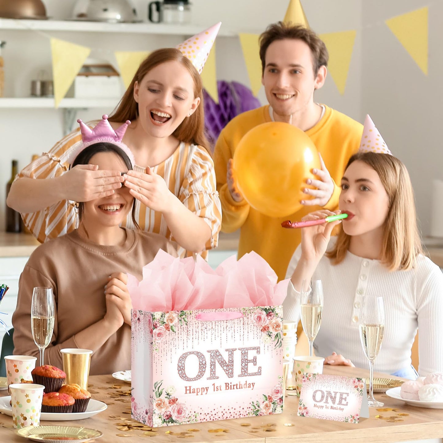 Laidans Rose Gold One Year Old Happy Birthday Gift Bag with Tissue Paper and Card for Bday Party Supplies (Rose Gold) (1st)